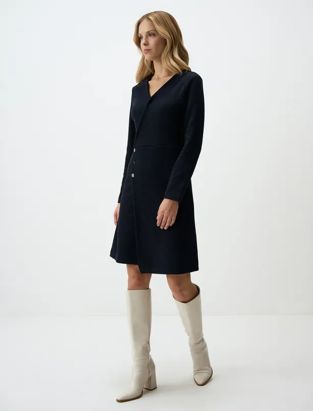 Women Dark Blue Double-breasted Neck Relaxed Fit Knitted Mini Dress