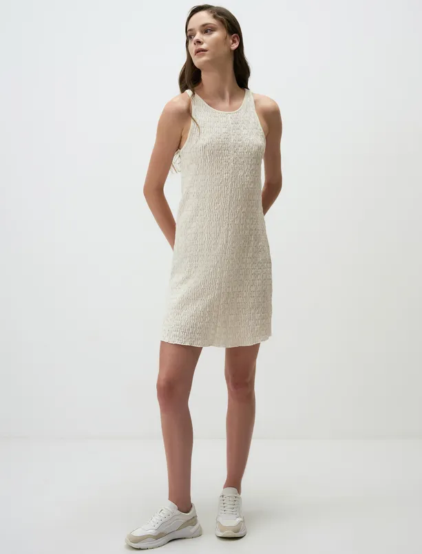 Women Ecru Halter Neck Patterned Sleeveless Mini Dress