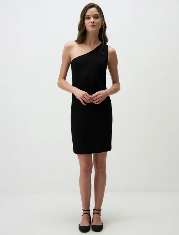 Women Black Asymmetric Neck Mini Dress with One Shoulder Detail