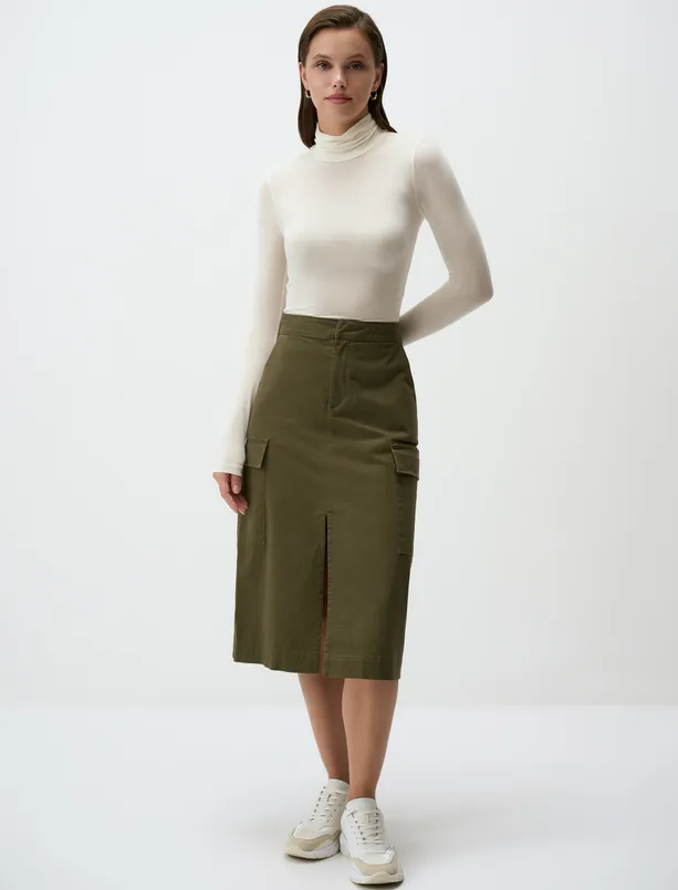 Bayan  Normal Bel Düz Kesim Gabardin Midi Etek