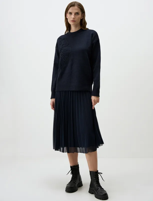 Women Dark Blue High Waist Pleated Relaxed Fit Midi Skirt