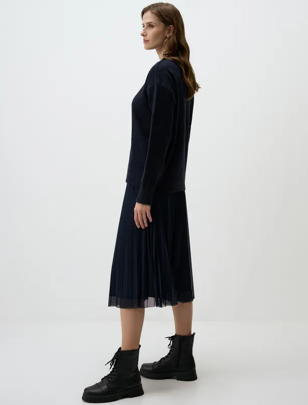 Women Dark Blue High Waist Pleated Relaxed Fit Midi Skirt