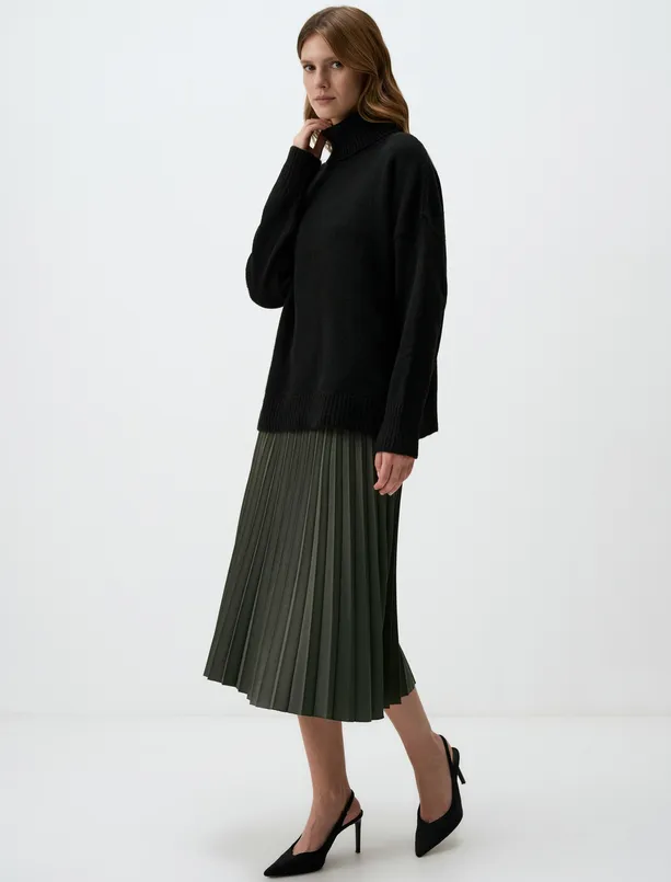 Women Haki Relaxed Fit High Waist Pleated Midi Skirt