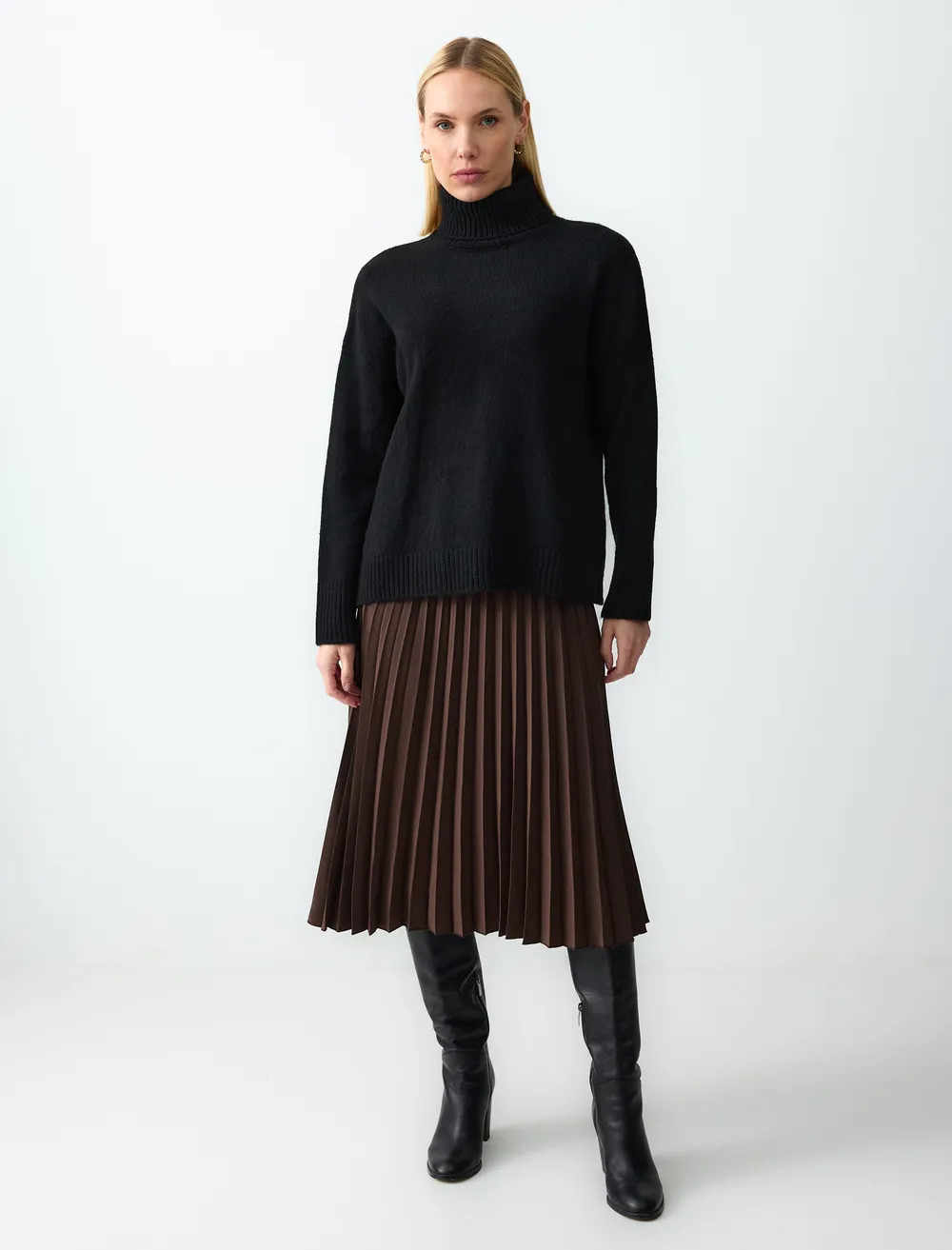 w様 Relaxed Fit High Waist Pleated Midi Skirt
