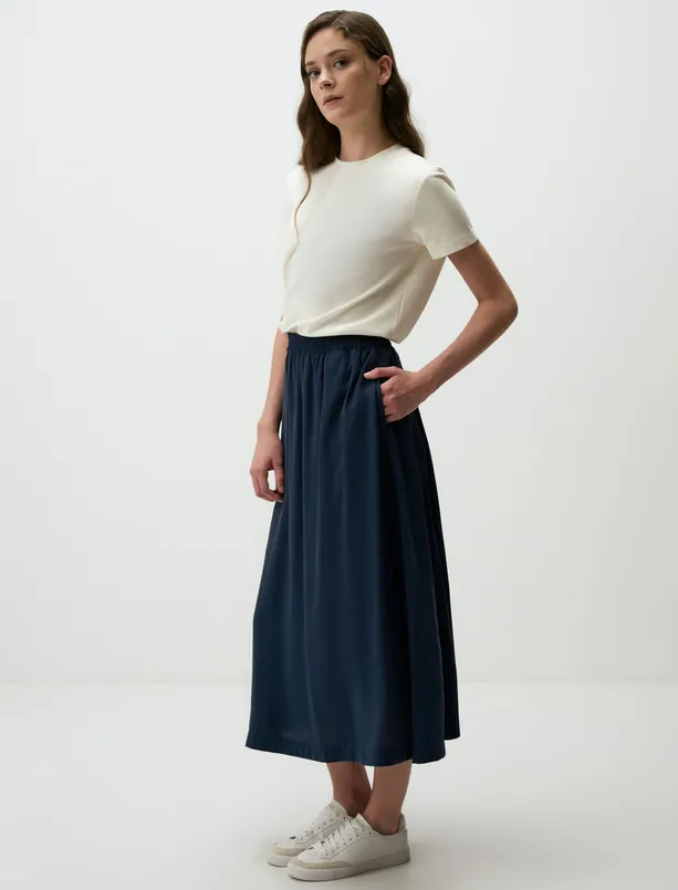 Women Dark Blue High Waist Relaxed Fit Long Skirt