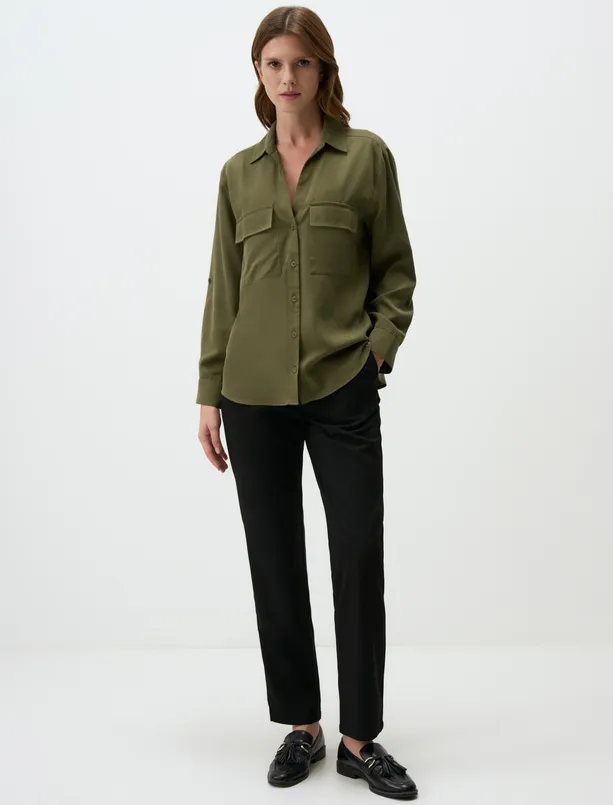 Women Haki Slim Fit Long Sleeve Shirt with Pocket Detail