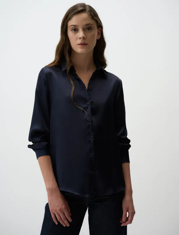 Women Dark Blue Long Sleeve Satin Shirt