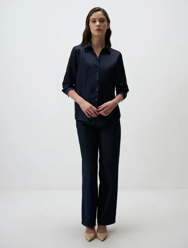Women Dark Blue Long Sleeve Satin Shirt