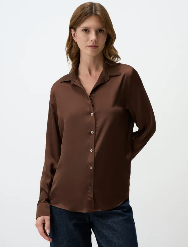 Women Brown Long Sleeve Satin Shirt