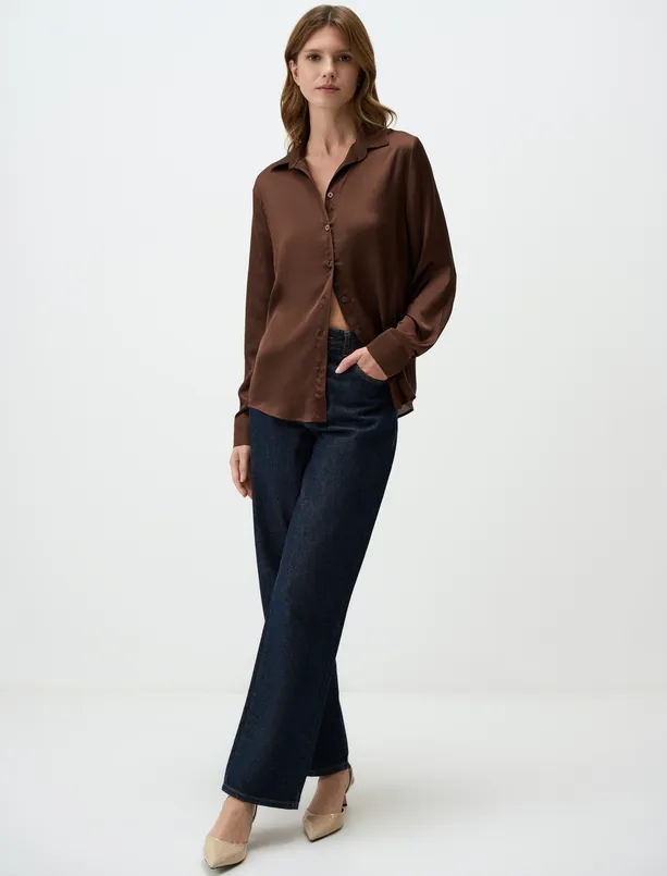 Women Brown Long Sleeve Satin Shirt