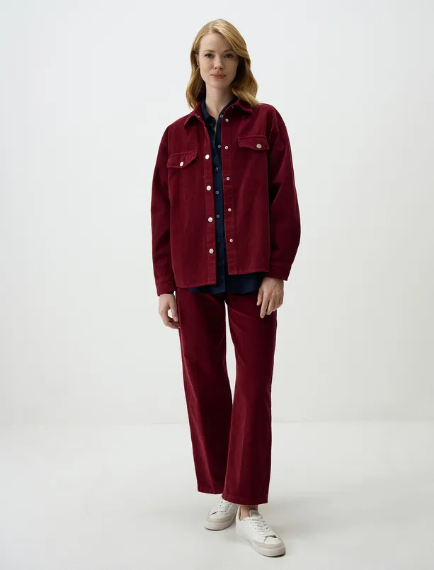 Women Claret Red Straight Cut Cotton Velvet Shirt Jacket
