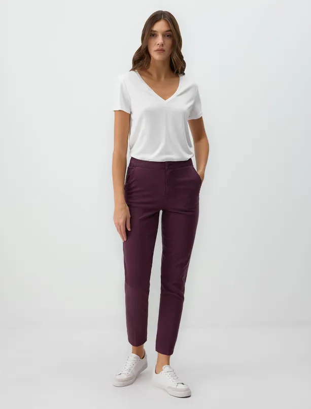 Women Claret Red High Waist Regular Leg Gabardine Woven Pants
