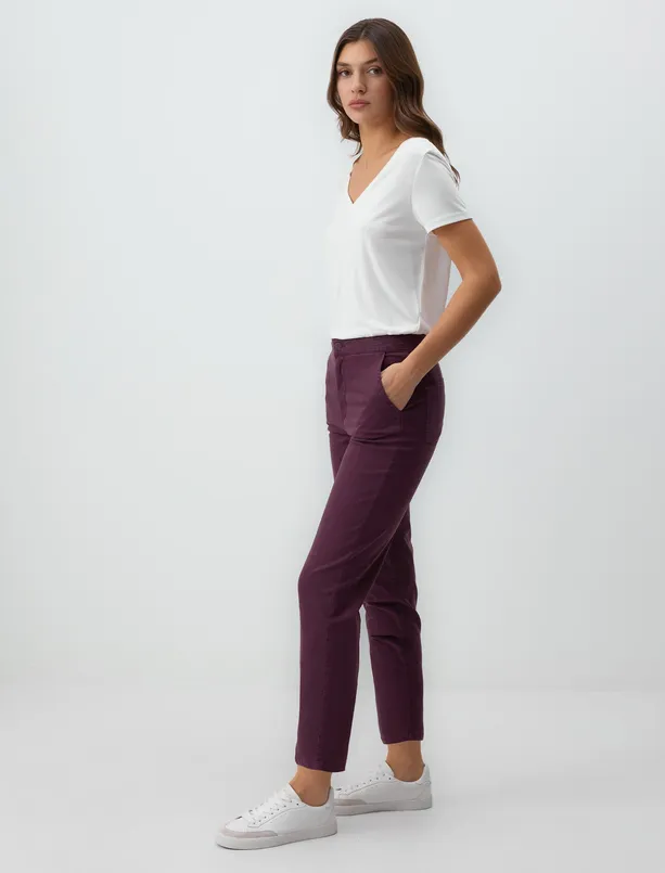 Women Claret Red High Waist Regular Leg Gabardine Woven Pants