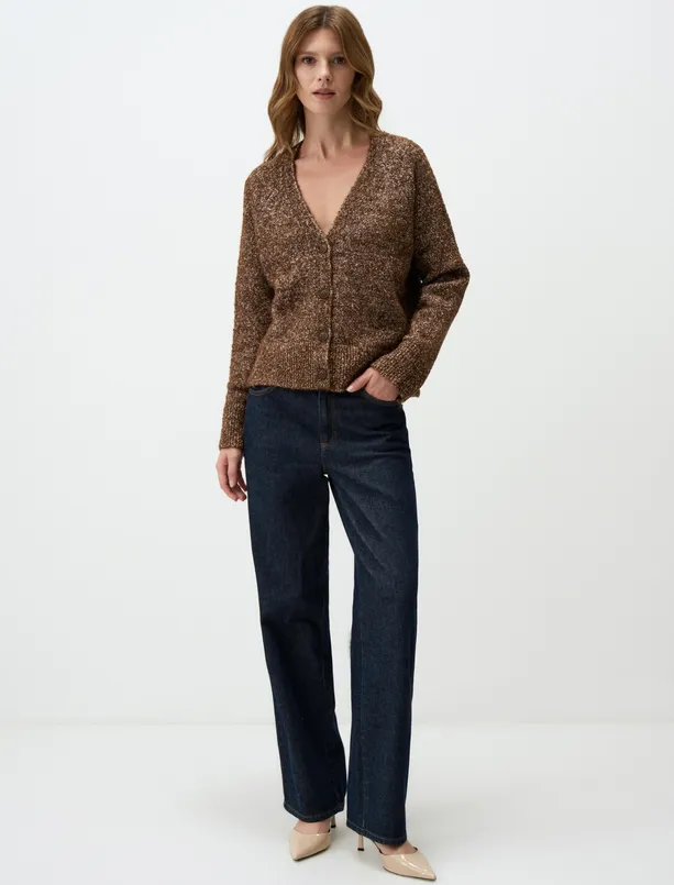 Women Brown V-Neck Long Sleeve Buttoned Sweater Cardigan