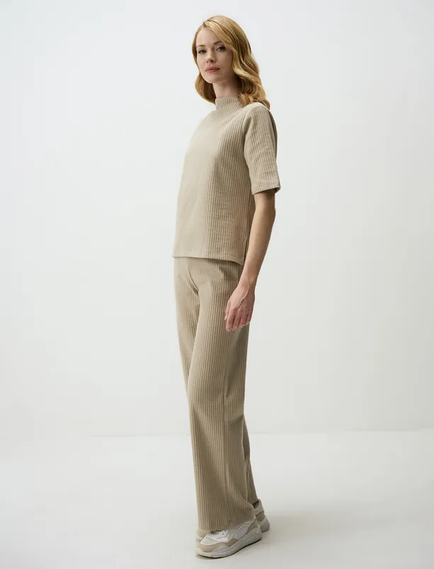 Women Beige Melange High Waist Wide Leg Relaxed Fit Patterned Jogger Pants