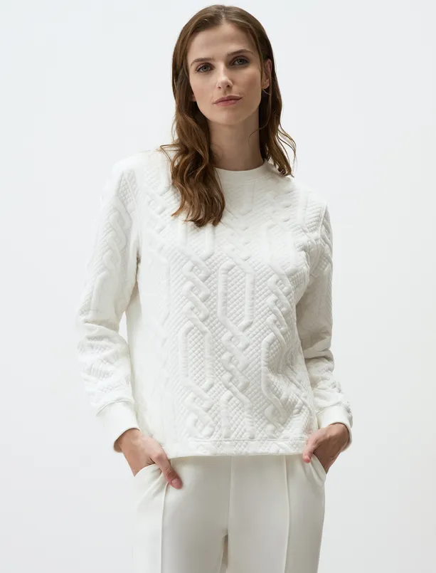 Women Ecru Crew Neck Knit Patterned Long Sleeve Sweatshirt