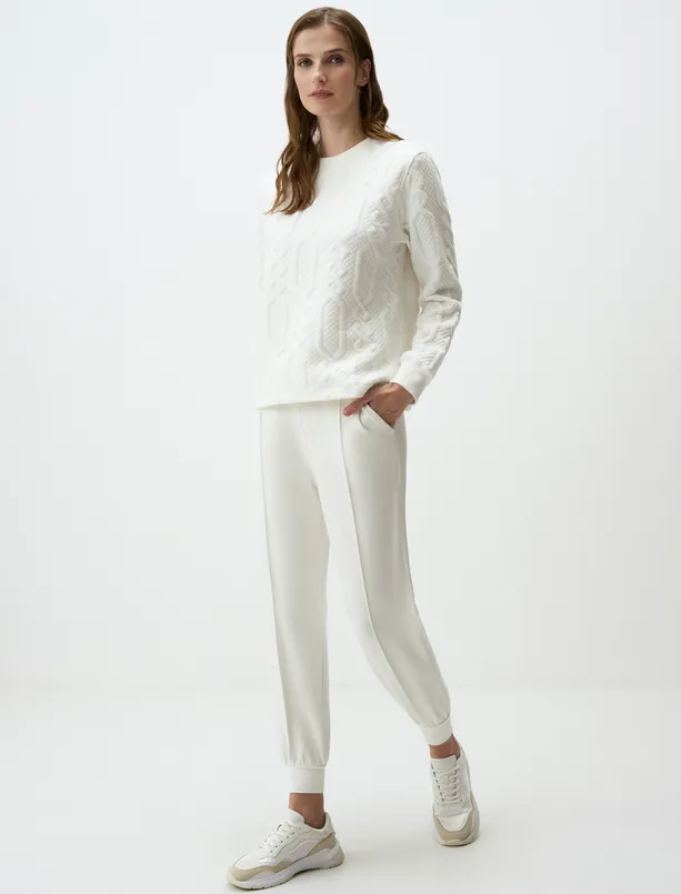Women Ecru Crew Neck Knit Patterned Long Sleeve Sweatshirt