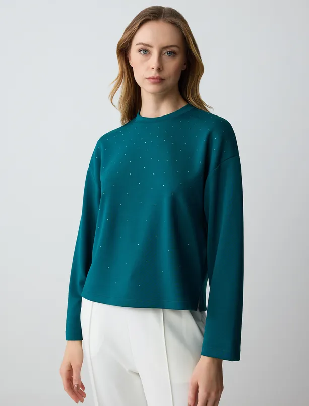 Bayan  Bisiklet Yaka Uzun Kollu Taş Baskılı Sweatshirt