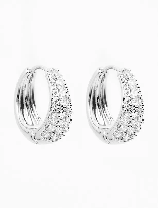 Women Grey Shiny Stone Hoop Earrings