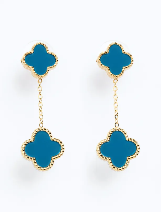 Women Blue Clover Figured Dangling Earrings