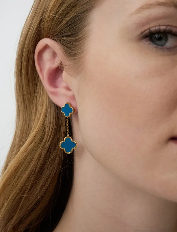 Women Blue Clover Figured Dangling Earrings