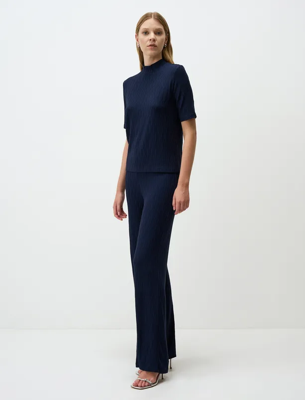 Women Dark Blue Knit Patterned Wide Leg High Waist Pants