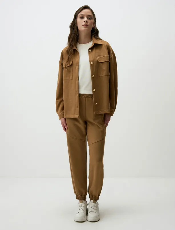 Women Camel Feather High Waist Elastic Leg Relaxed Fit Pants