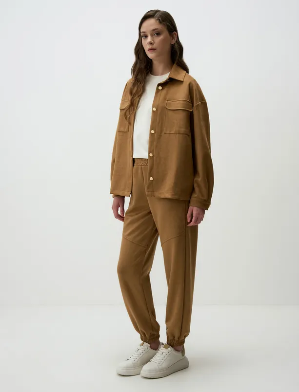 Women Camel Feather High Waist Elastic Leg Relaxed Fit Pants