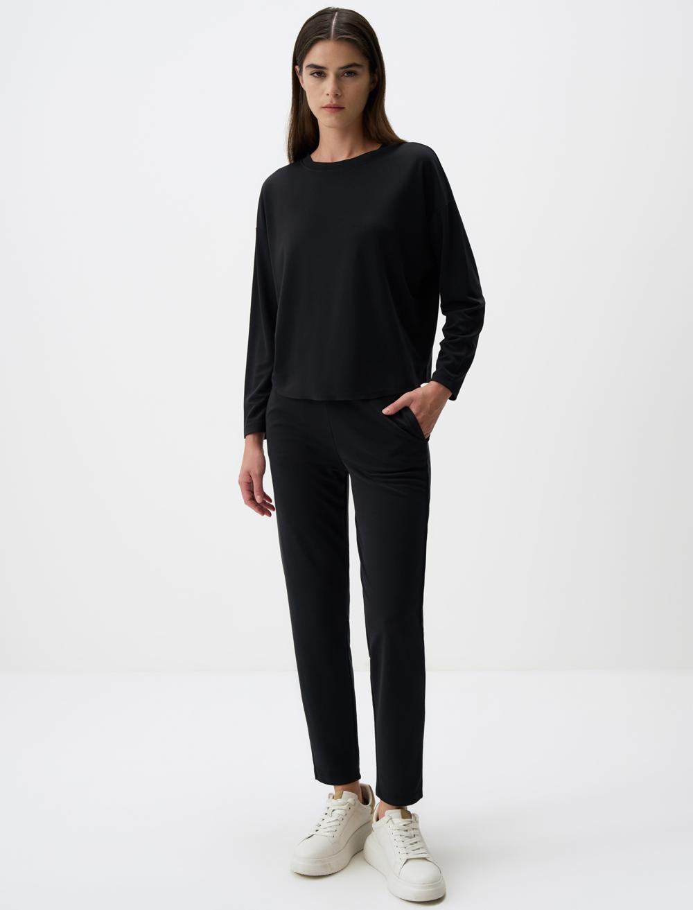 Düz Kesim Normal Paça Yüksek Bel Örme Pantolon