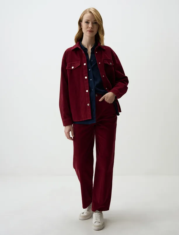 Women Claret Red 100% Cotton High Waist Regular Leg Velvet Pants