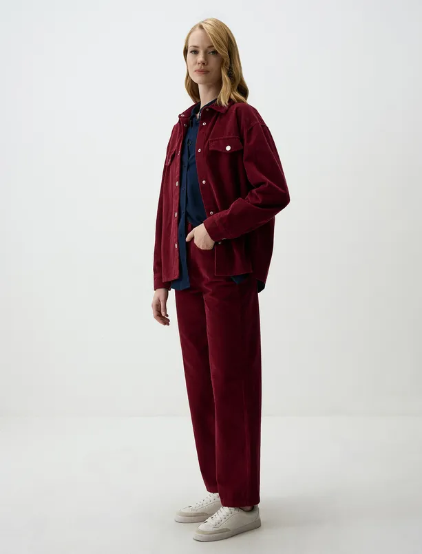 Women Claret Red 100% Cotton High Waist Regular Leg Velvet Pants