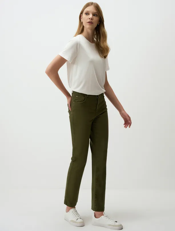 Women Haki High Waist Regular Leg Denim Pants