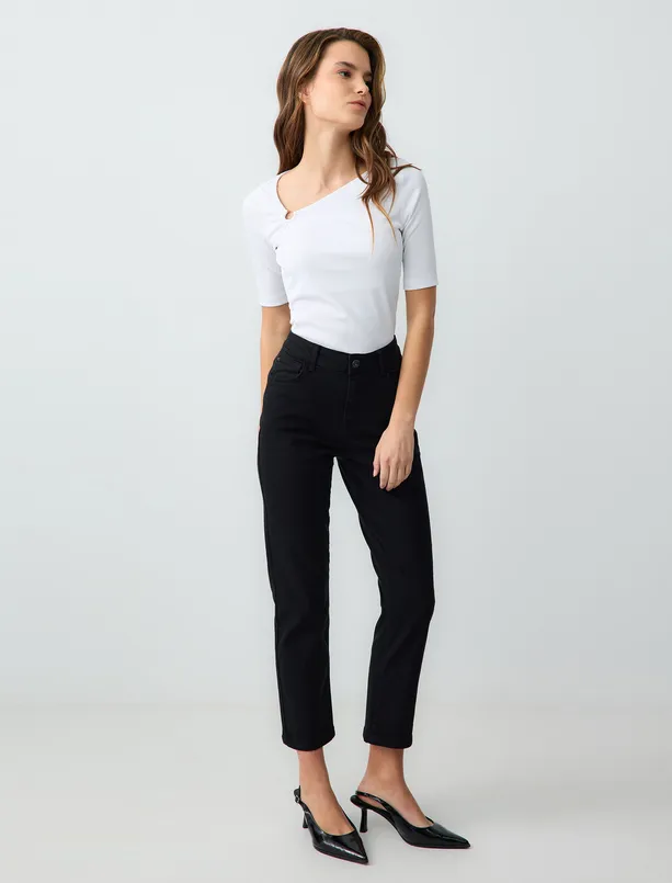 Bayan Siyah Yüksek Bel Normal Paça Denim Pantolon
