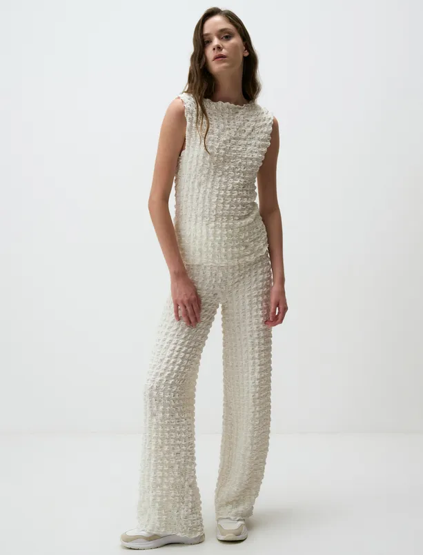 Women Ecru High Waist Wide Leg Patterned Pants