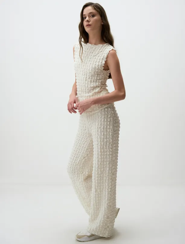 Women Ecru High Waist Wide Leg Patterned Pants