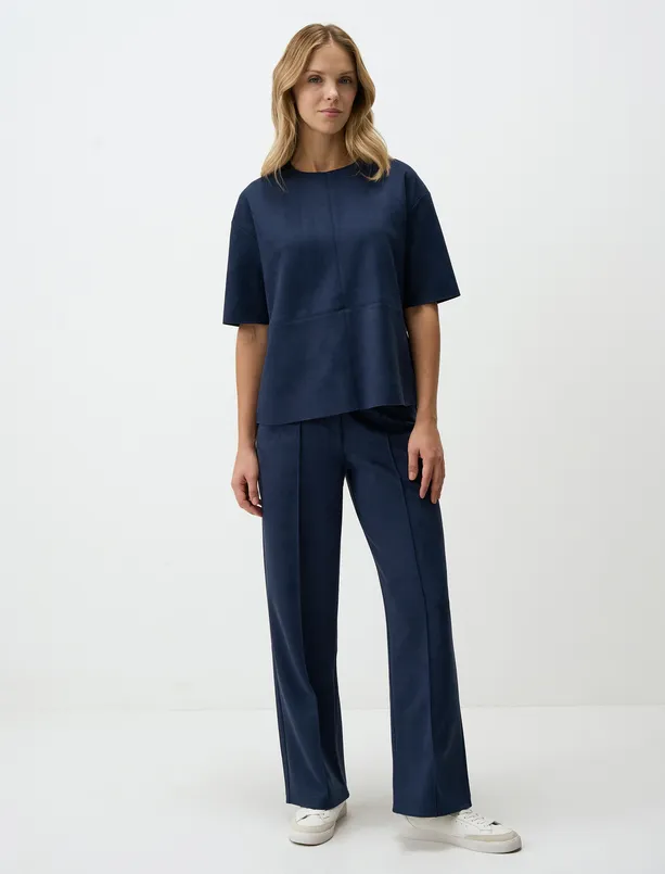 Women Dark Blue Straight Cut Regular Waist Slim Leg Velvet Pants