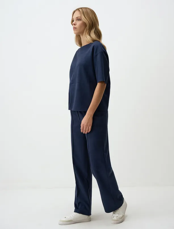 Women Dark Blue Straight Cut Regular Waist Slim Leg Velvet Pants