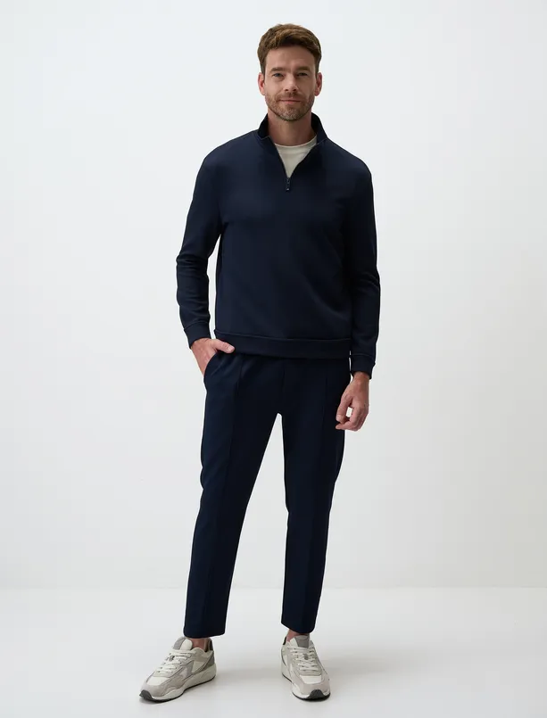 Bayan Lacivert Fermuarlı Yaka Rahat Kesim Erkek Sweatshirt