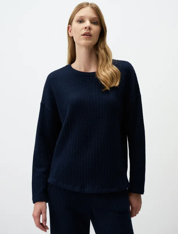 Women Dark Blue Crew Neck Long Sleeve Patterned Knitted Sweatshirt