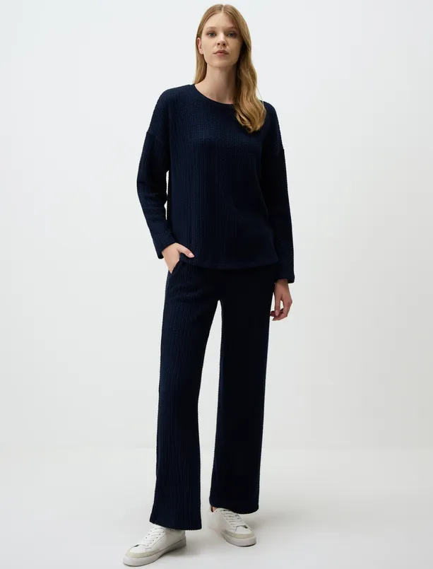 Women Dark Blue Crew Neck Long Sleeve Patterned Knitted Sweatshirt