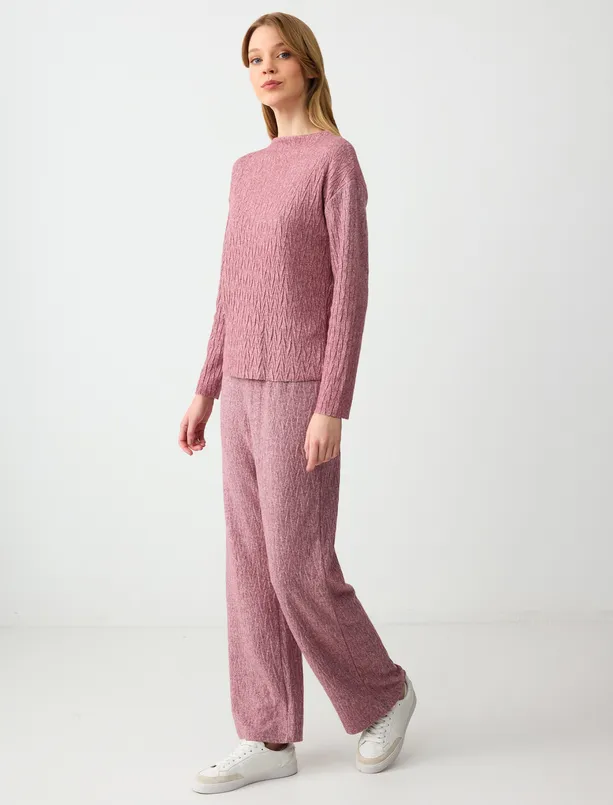 Bayan Bordo Uzun Kollu Kayık Yaka Örme Sweatshirt