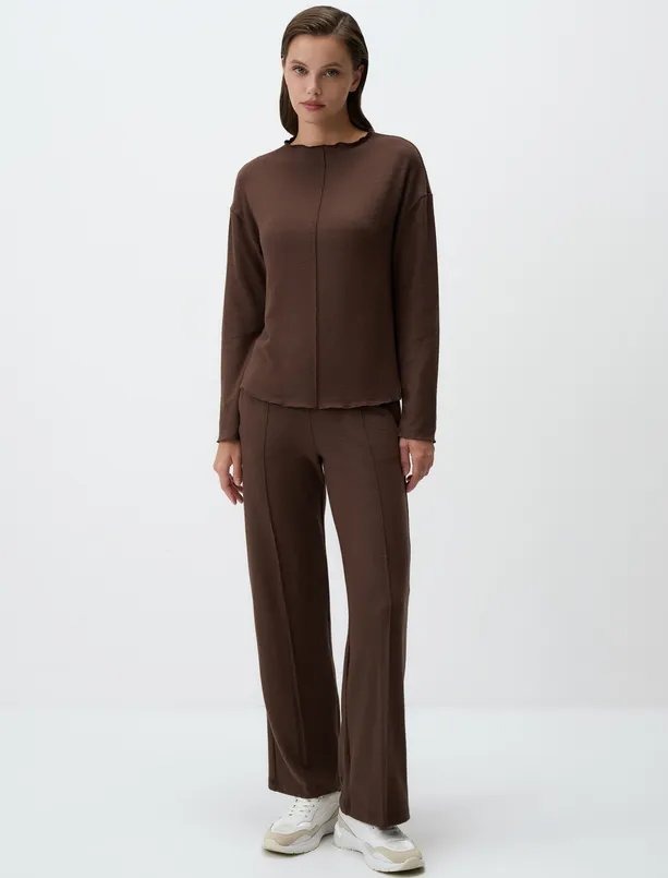 Women Brown Boat Neck Long Sleeve Knitted Sweatshirt