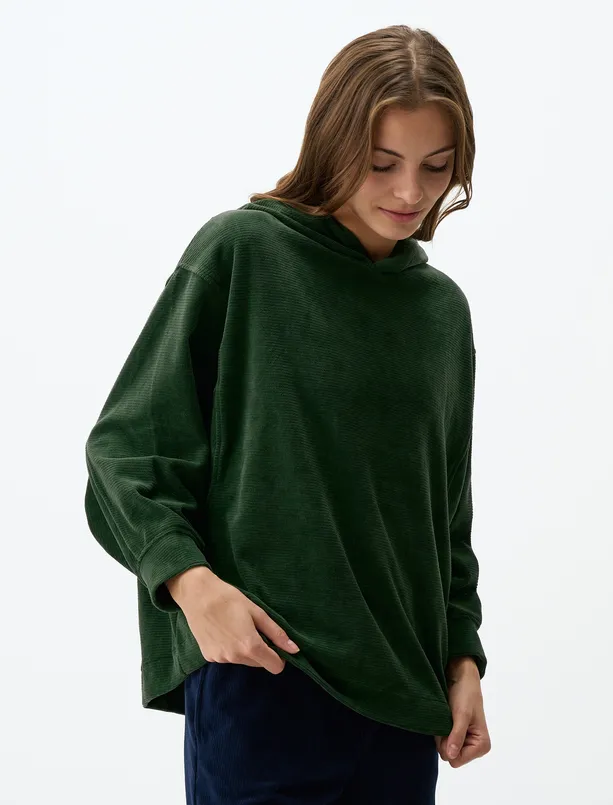 Bayan  Rahat Kesim Kapüşonlu Kadife Sweatshirt