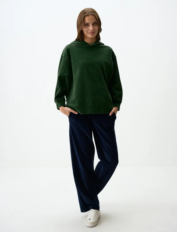 Women Dark Green Relaxed Fit Hooded Velvet Sweatshirt