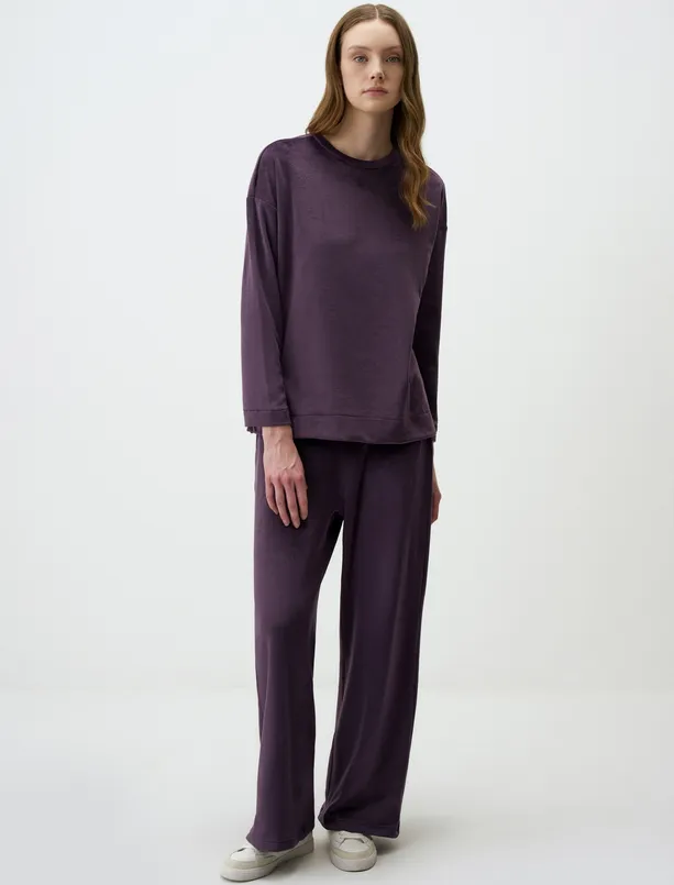 Women Purple Crew Neck Relaxed Fit Long Sleeve Knitted Sweatshirt