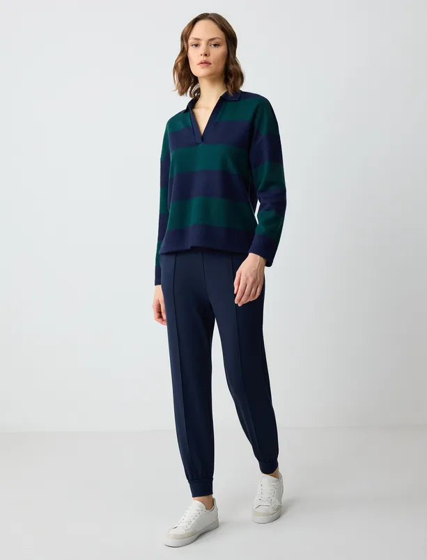 Women Dark Blue Polo Collar Line Patterned Knitted Sweatshirt