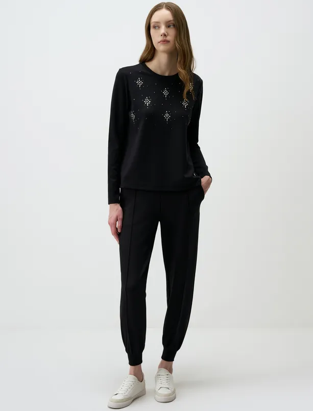 Women Black Crew Neck Stone Embroidered Modal Knitted Sweatshirt