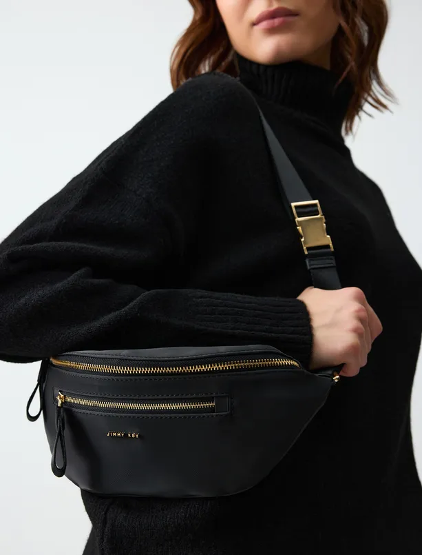 Women Black Adjustable Strap Logo Zipper Detailed Bag