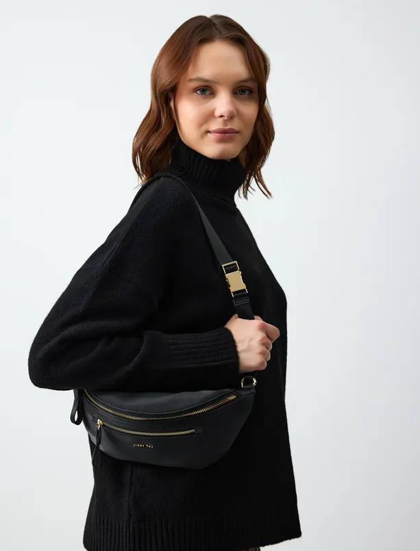 Women Black Adjustable Strap Logo Zipper Detailed Bag