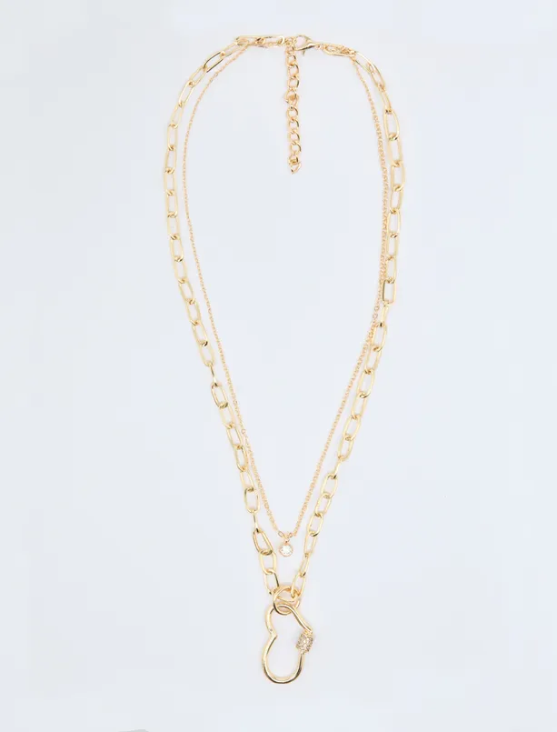Women Yellow Heart Figured Brilliant Stone Multi Chain Necklace